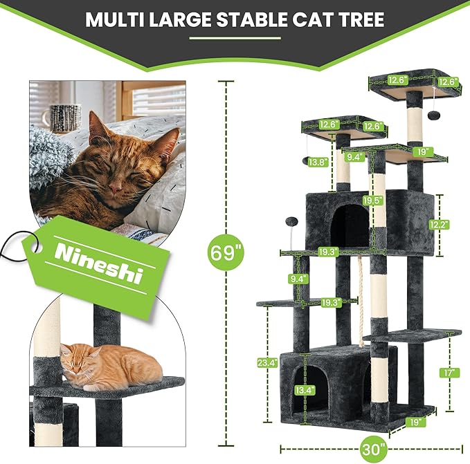 69in Large Cat Tree Tower for Indoor Cats with Soft Plush Hang Ball, Two Condos, Sisal Scratch Posts & Rope Play for Kittens/Adult Cats, Deep Grey-PurrikoPets