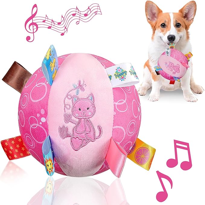 Dog Squeaky Plush Toy with Straps, 6-Inch Soft Stuffed Ball with Cotton Material and Bell Built-in, Pet Interactive Fetch Toy for Small to Large Dog-PurrikoPets