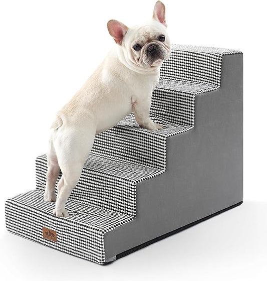 Dog Stairs for Small Dogs, 5 Tier Wider Pet Stairs for High Beds, 23.6" H Non-Slip Dog Steps for Old Cats, Puppies, Small Medium Dogs, 29.5x19.7x23.6 inch, White Black-PurrikoPets