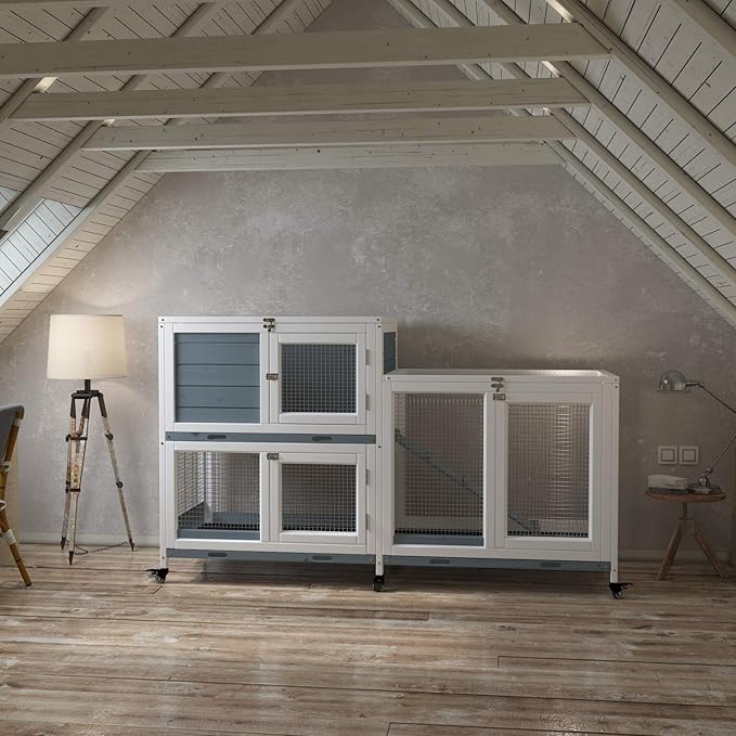 GDLF Two Floors 58" Wooden Indoor Bunny Hutch Rabbit Cage on Wheels Guinea Pig PET House for Small to Medium Animals Waterproof No Leak Tray-PurrikoPets