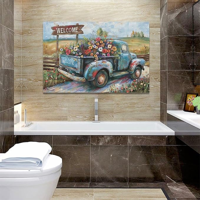 Farmhouse Truck Wall Art Rustic Country Wildflowers Wall Decor Road Flowers Landscape Pictures Canvas Print Painting Artwork for Bathroom Living Room Bedroom 16"x24"-PurrikoPets