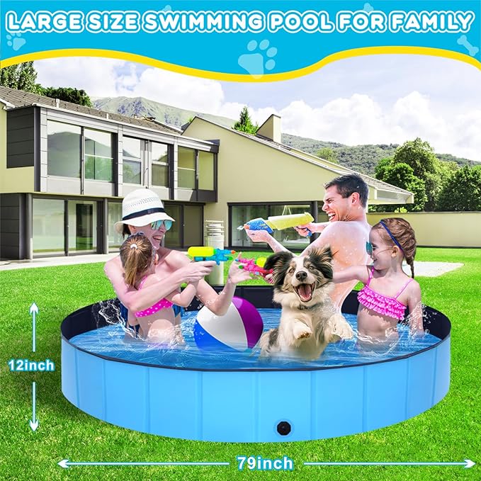 Foldable Dog Pool - 79" x 12" Anti-Slip Portable Dog Swimming Pool, Hard Plastic Collapsible Kiddie Pool for Outdoor and Indoor for Pets Dogs Cats and Kids-PurrikoPets