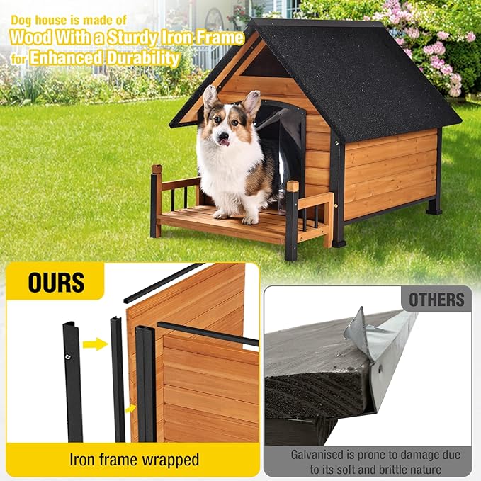 AIVITUVIN Dog House Outdoor Anti-Bite Metal Frame Design Wooden Dog Kennel Outside with Elevated Floor Weatherproof (Brown, 45" D x 32.9" W x 32.6" H)-PurrikoPets
