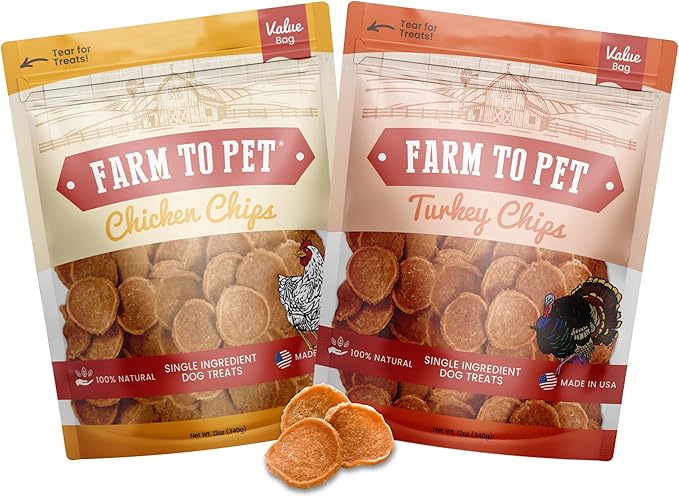 Farm To Pet - Dog Treats Chicken & Turkey Chip Protein Value Pack, 100% All Natural, Single Ingredient Training Treats, Made in USA, for Small, Medium, and Large Dogs-PurrikoPets