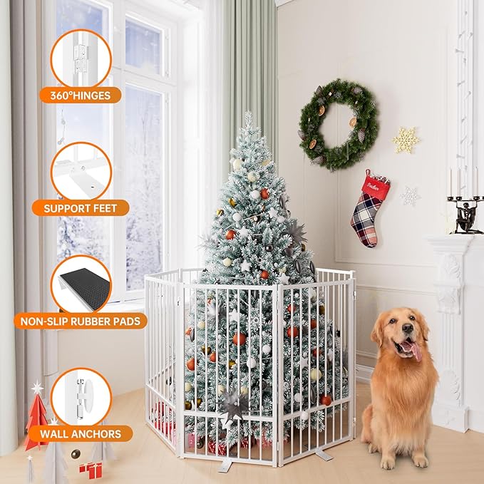 Full Metal Freestanding Dog Gate with Door, 36''Height Foldable Pet Dog Fence for Indoor & Outdoor, 8 Panels Extra Wide Free Standing TallDog Gates for Doorways,House,Stairs,Porch,Deck,Yard-PurrikoPets