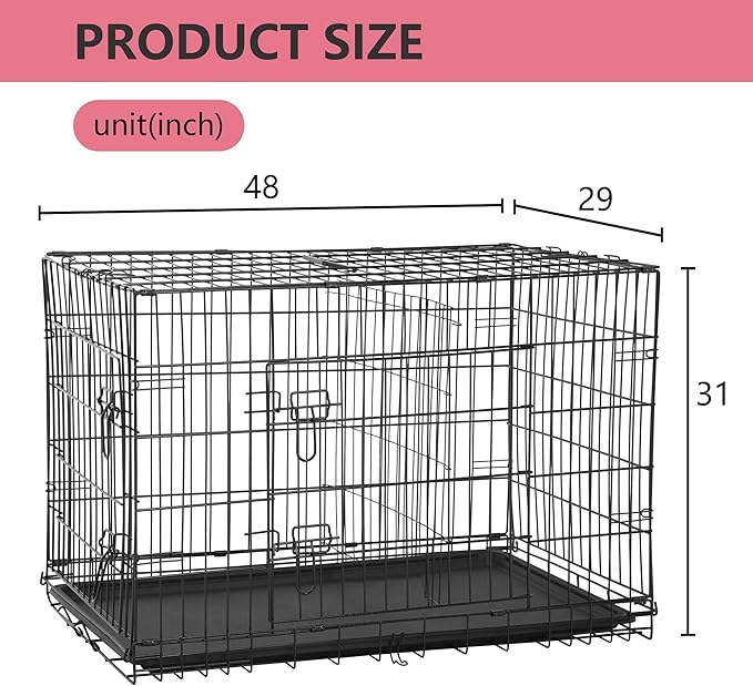FDW Extra Large Dog Crate Dog Kennel Cage with Double Door,48 inch Folding Metal Wire Dog Cage with Removable Tray&Divider Panel,Pet Crate for Large Dogs,Black-PurrikoPets