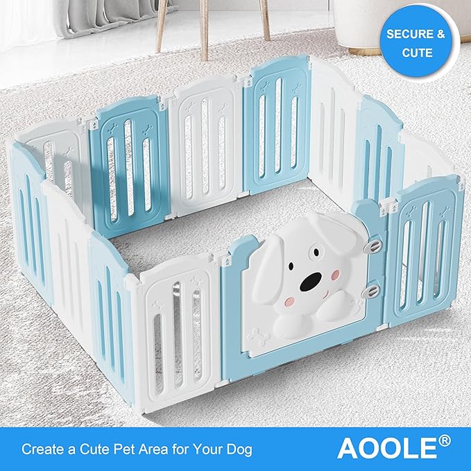 Foldable Dog Play Pen Indoors, Non-Slip Sturdy Puppy Playpen with Door, 25.5" H 12-Panel Adjustable Shape Dog Fence Pen for Small/Medium Dogs, Thickened, Easy to Store, White+Blue-PurrikoPets