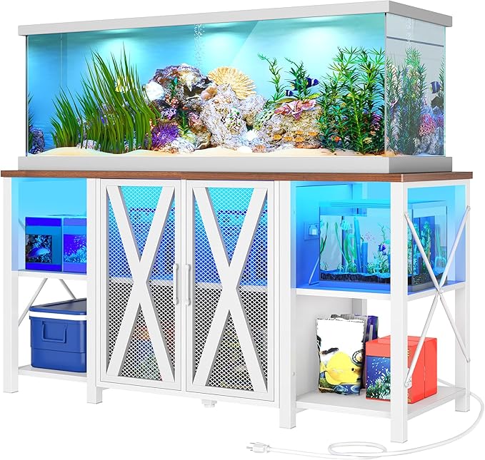 DWVO 75-120 Gallon Aquarium Stand with Power Outlet & LED Light, Cabinet for Accessories Storage - Heavy Duty Metal Fish Tank Stand Suitable for Turtle Tank, Reptile Terrarium, 2000LBS Capacity, White-PurrikoPets