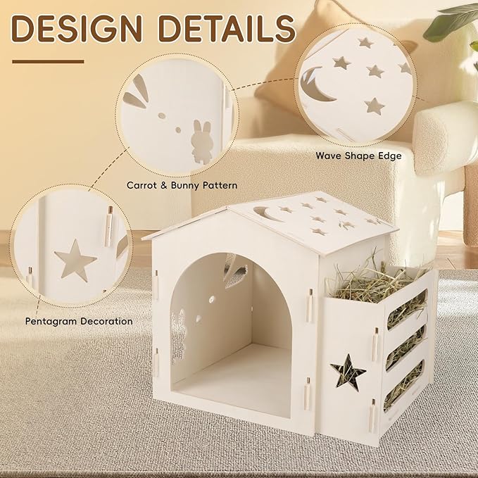 Extra Large Rabbit House & Rabbit Hay Feeder, Indoor Bunny Hideout with Feeder, Small Animal Houses & Habitats and Guinea Pig Hay Feeder-PurrikoPets