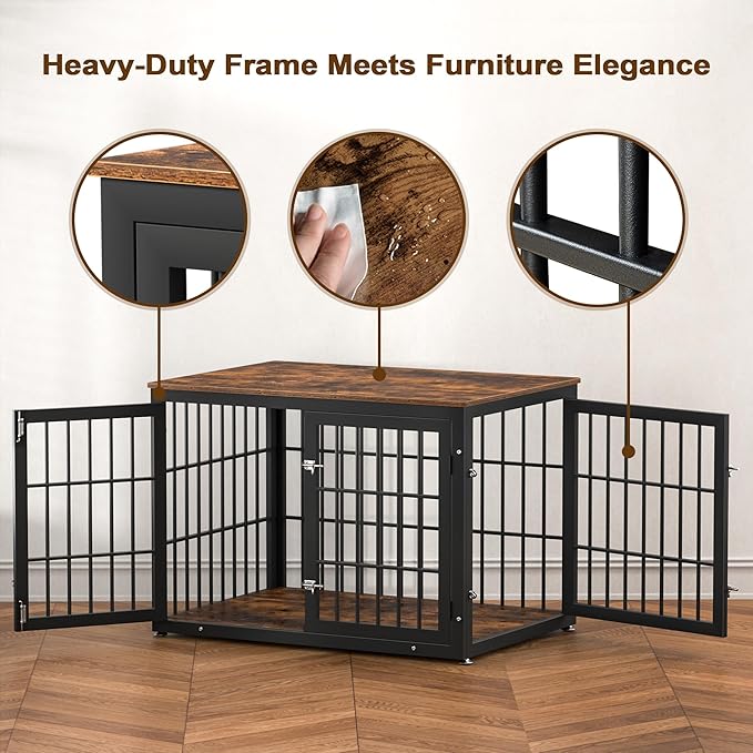 42 Inch Heavy Duty Dog Crate Furniture for Large and Medium Dogs, Decorative Pet House End Table, Wooden Cage Kennel Furniture Indoor, Rustic Brown-PurrikoPets