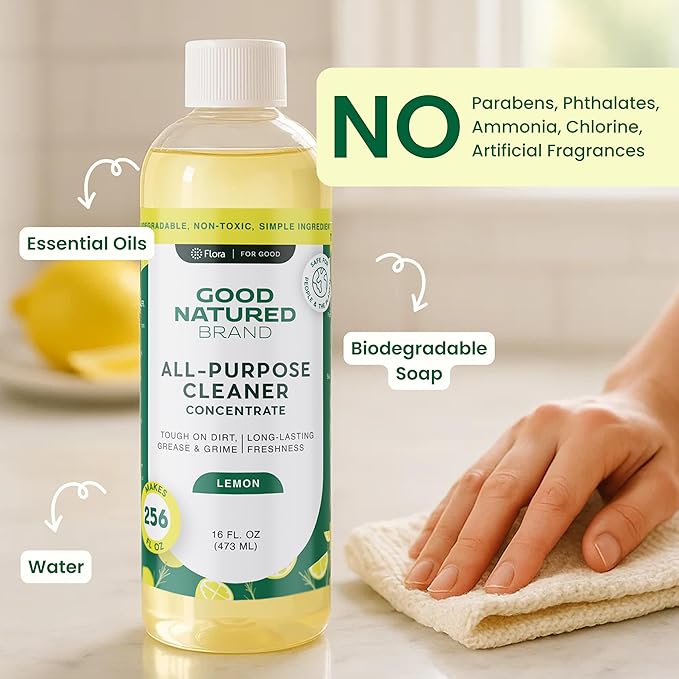 Good Natured Brand All-Purpose Cleaner Concentrate | Multi-Surface Cleaner | Natural Lemon Essential Oil | Multipurpose Cleaner Concentrate All Surfaces | Lemon Love | 16oz makes 256oz-PurrikoPets