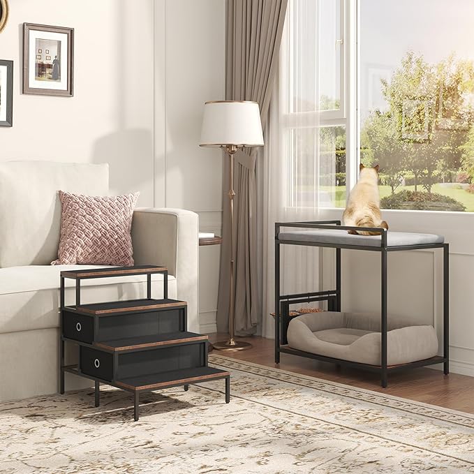 Dog Window Perch with 360° & Adjustable Raised Feeder, Pet Bunk Bed with Removable Stair and 2 Drawers, Elevated Platform Bed, Pet Elevated Seat with Cushion, Paw-Friendly Ladder-PurrikoPets