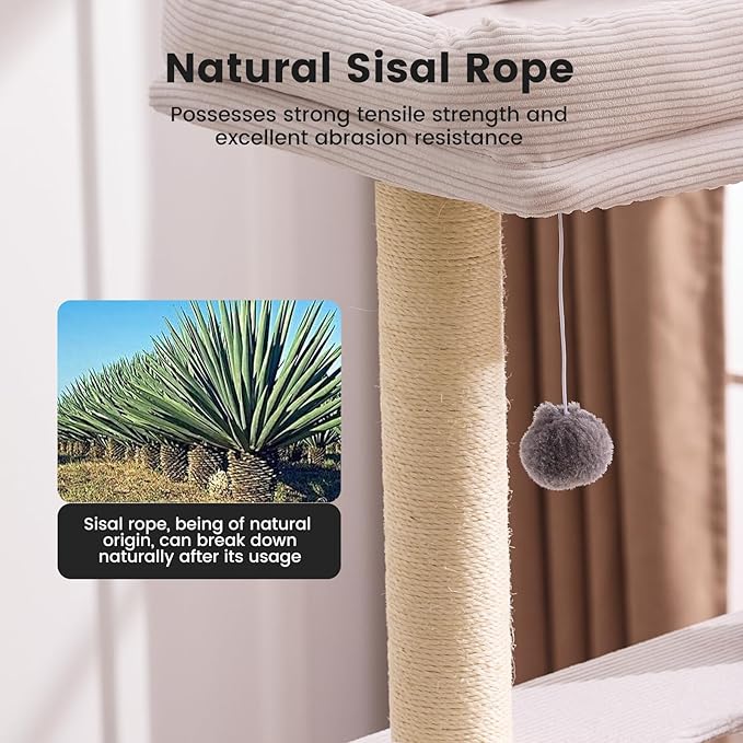 Gardner Pet 65in Heavy Duty Cat Tree Tower for Large Cats, Multi-Level Cat Furniture with Replaceable Sisal Scratching Post, Hammock | Extra-Large Platform & Condo Easy to Clean (Corduroy)-PurrikoPets