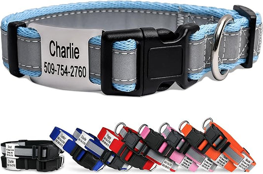 GoTags Reflective Personalized Dog Collar with Nameplate, Adjustable Dog Collar with Custom Engraved Steel Slide On Pet ID Tag, Silent, No Noise Dog Tag for Large Medium or Small (Light Blue, Small)-PurrikoPets