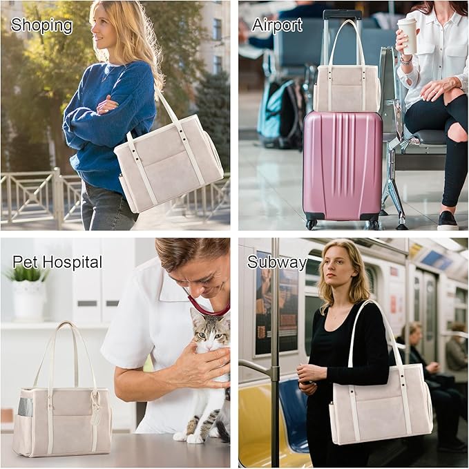 Fashion Dog Carrier Purse, Premium Leather Cat Carrier Bag, Airline Approved Soft Sided Pet Travel Tote Bag with Pockets Beige-PurrikoPets
