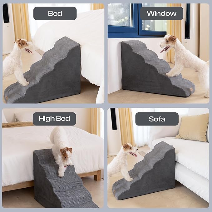 5-Step Curved Dog Stairs for High Beds Up to 30", Non-Slip Foam Pet Ramp for Large Dogs and Cats, Washable Cover, Soft Climbing Steps for Couch & Sofa-PurrikoPets