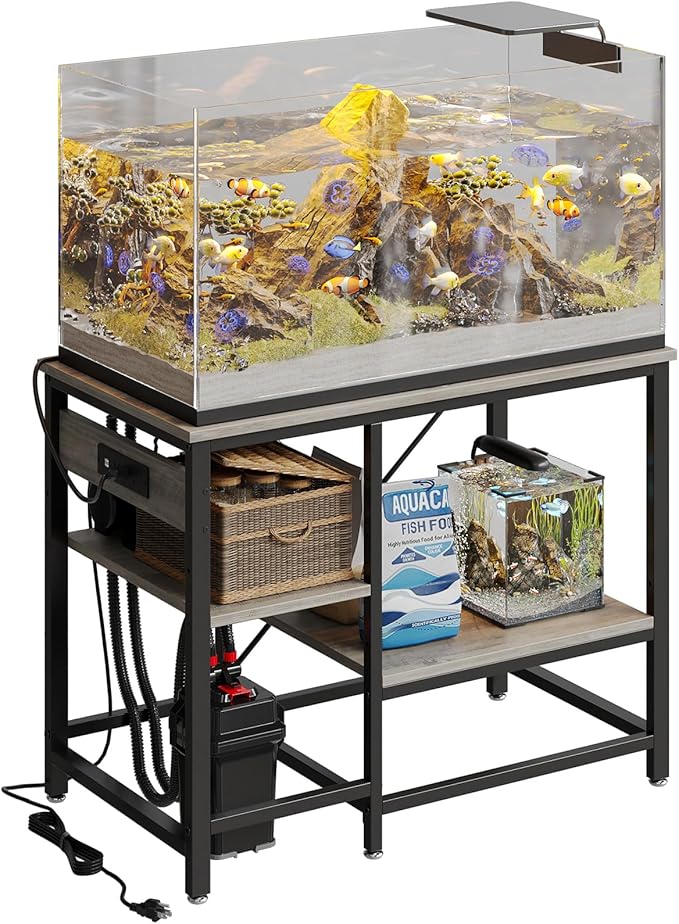40-50 Gallon Fish Tank Stand with Charging Station, 36x19 Metal Aquarium Stand with 3-Tiers Adjustable Storage Shelves, 6-Legs Reptile Terrarium Stand, 660 LBs-PurrikoPets