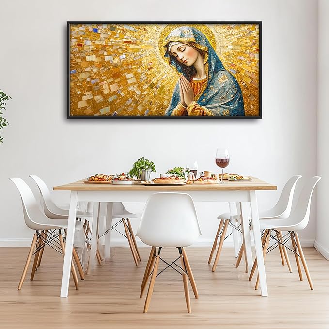 Extra Large Virgin Mary Framed Wall Art for Living Room,Oversized Golden Christian Religious Pictures Wall Decor,Canvas Print Painting Modern Artwork Bedroom Office Bathroom 60L" x 30W"-PurrikoPets