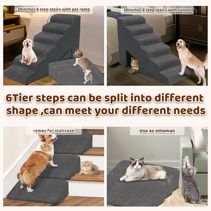Dog Stairs & Steps Ramps for High Beds 30 inches High Tall, LitaiL 6 Step Pet Stairs Steps for Small Large Dogs, Non-Slip Dog Ramps with 3 Pack Ramps for Staircase-PurrikoPets