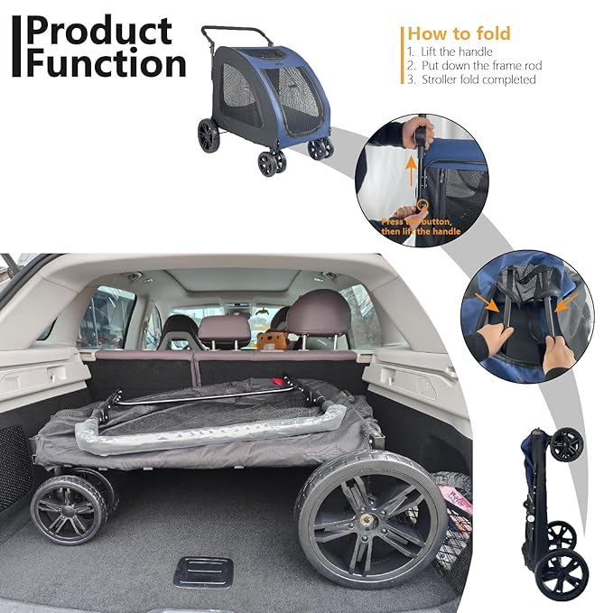 Extra Large Dog Stroller for Medium & Large Pets - Foldable Design, Adjustable Handle, Up to 130 lbs(Red)-PurrikoPets