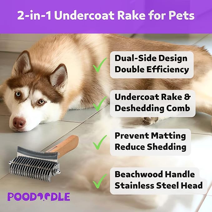 2 in 1 Undercoat Rake for Dogs and Cats, Professional Grooming Brush Dematting & Shedding Comb to Remove Loose Hair, Matted Fur Efficiently, Perfect for Poodle, Doodle & All Long Haired Pets-PurrikoPets