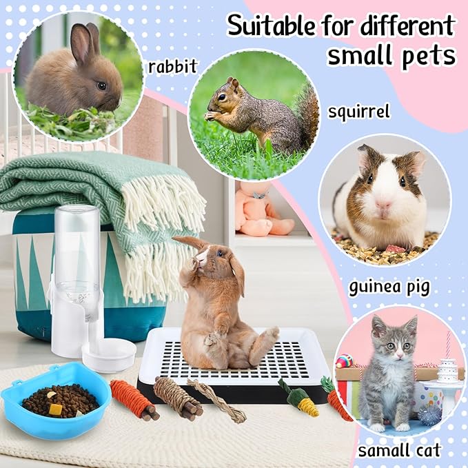 19 Pcs Rabbit Starter Kit Small Bunny Litter Box Rabbit Grooming Kit Water Bottle Bunny Toys Hay Feeder Bowl Blankets with Cleaning Set for Guinea Pig Accessories(Black,Cloud)-PurrikoPets