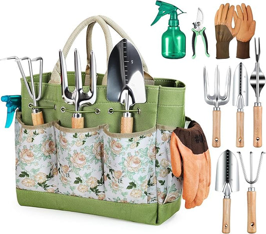 Gardening Tools 9-Piece Heavy Duty Gardening Hand Tools with Fashion and Durable Garden Tools Organizer Handbag,Rust-Proof Garden Tool Set, Ideal Gardening Gifts for Women-PurrikoPets