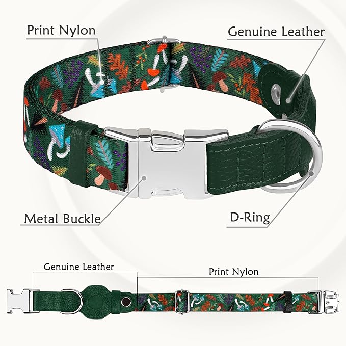 AirTag Dog Collar for Small Medium Large Breed - Adjustable Cute Pattern Dog Collar with Airtag Holder - Soft Leather Tracker GPS Apple Air Tag Pet Collars (Large, 17"-21" Neck Fit, Mushroom)-PurrikoPets