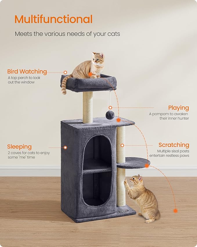 Feandrea Cat Tree Tower with 2 Caves for Multi-Cat Households, Kittens, Scratching Posts, Dark Gray UPCT005G02-PurrikoPets