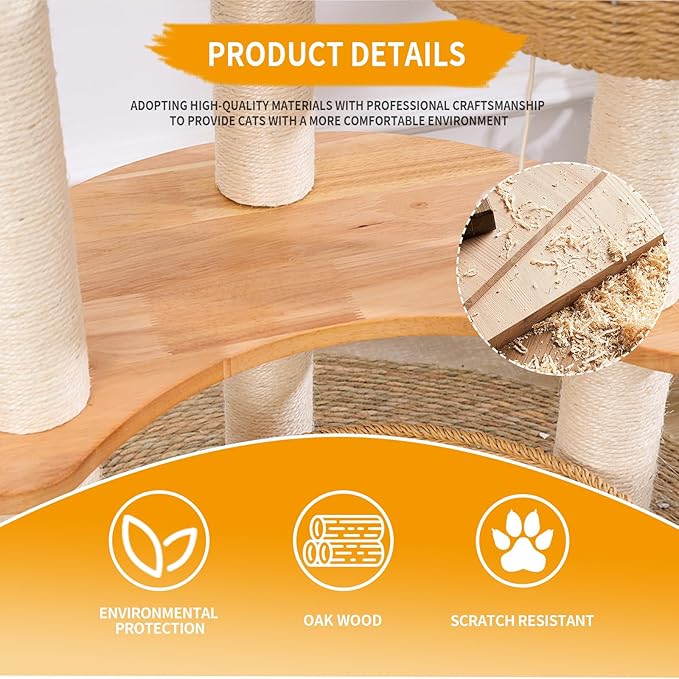 54" Modern Cat Tree Tower for Indoor Cats, Oak Cat Scratching Tree for Multiple Large Cats, Manual Hand Woven Luxury Cat Condo, Unique High-end Design Cat Furniture Activity Centre, Easy Clean-PurrikoPets