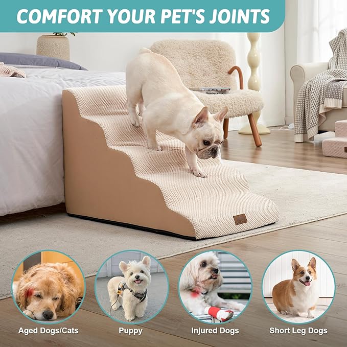 Extra Wide Dog Stairs 19.7" Width, Pet Step for Small Medium/Large Dog, Puppy or Cat, Pet Ramp for High Bed or Car, High Density Foam Ladder, Stable, 5 Step, 19.7x33x22.4 in, Beige-PurrikoPets
