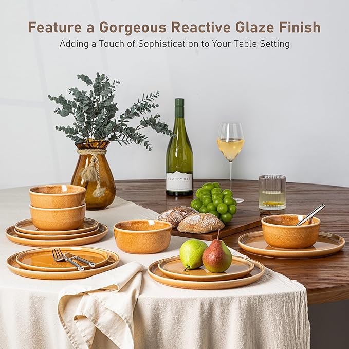 GBHOME Ceramic Dinnerware Sets for 4, 12 Pieces Stoneware Plates and Bowls Sets, Scratch Resistant Dishes, Dishwasher & Microwave Safe, Reactive Glaze-Amber-PurrikoPets