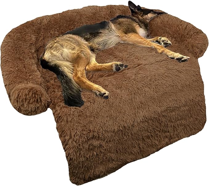 GGIB Calming Dog Bed Fluffy Plush Dog Mat for Furniture Protector with Removable Washable Cover for Large Medium Small Dogs and Cats (Large, Brown)-PurrikoPets