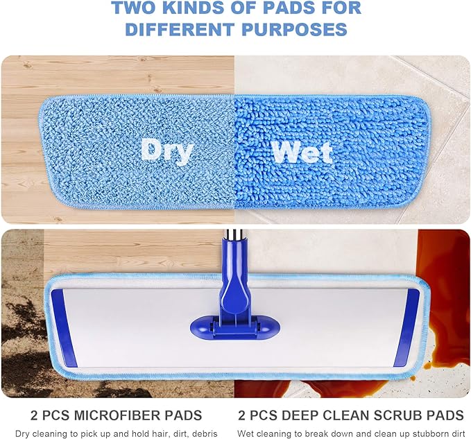 18" Professional Microfiber Mop Floor Cleaning System, Flat Mop with Stainless Steel Handle, 4 Reusable Washable Mop Pads, Wet and Dust Mopping for Hardwood, Vinyl, Laminate, Tile Cleaning-PurrikoPets