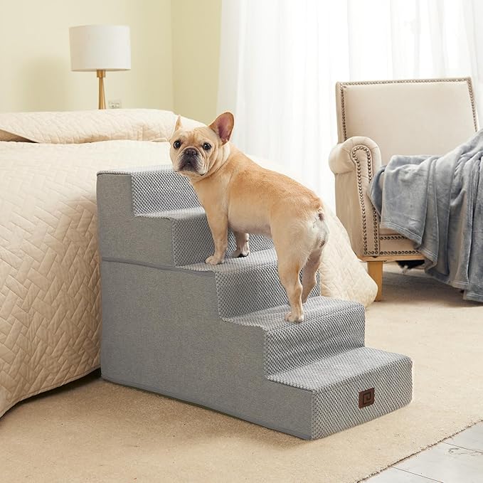 EHEYCIGA Dog Stairs for High Bed 22.5" H, 5-Step Dog Steps for Bed, Pet Steps for Small Dogs and Cats, Non-Slip Balanced Pet Ramp Indoor, Light Grey-PurrikoPets