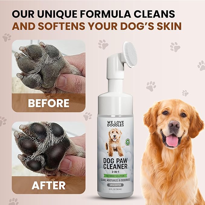 Dog Paw Cleaner (Over 100+ Feet Cleanings) No-Rinse Dog Foot Washer, Gentle and Safe Paw Cleaner for Dogs and Cats, Foam Formula, Moisturizes and Deodorizes, 150mL (Unscented) [We Love Doodles]-PurrikoPets