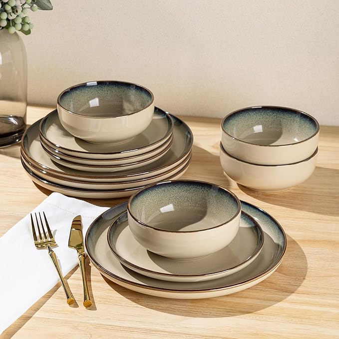GBHOME Ceramic Dinnerware Sets for 4, 12 Pieces Stoneware Plates and Bowls Sets, Scratch Resistant Dishes, Dishwasher & Microwave Safe, Reactive Glaze-Gravel-PurrikoPets