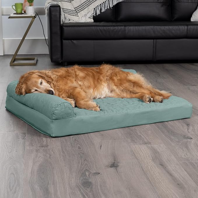 Furhaven Cooling Gel Dog Bed for Large Dogs w/ Removable Bolsters & Washable Cover, For Dogs Up to 95 lbs - Pinsonic Quilted Paw L Shaped Chaise - Iceberg Green, Jumbo/XL-PurrikoPets