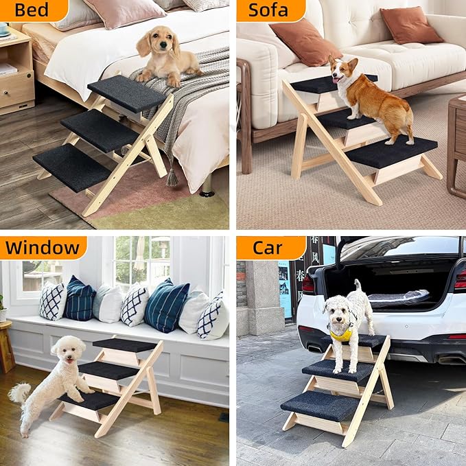 Dog Stairs/Ramp for Bed, Wooden Convertible Pet Steps, Portable Dog Ladder Up to 180 Pound for Elderly/Short-Legged Dogs, 3 Steps for Beds, Couch, Cars-PurrikoPets
