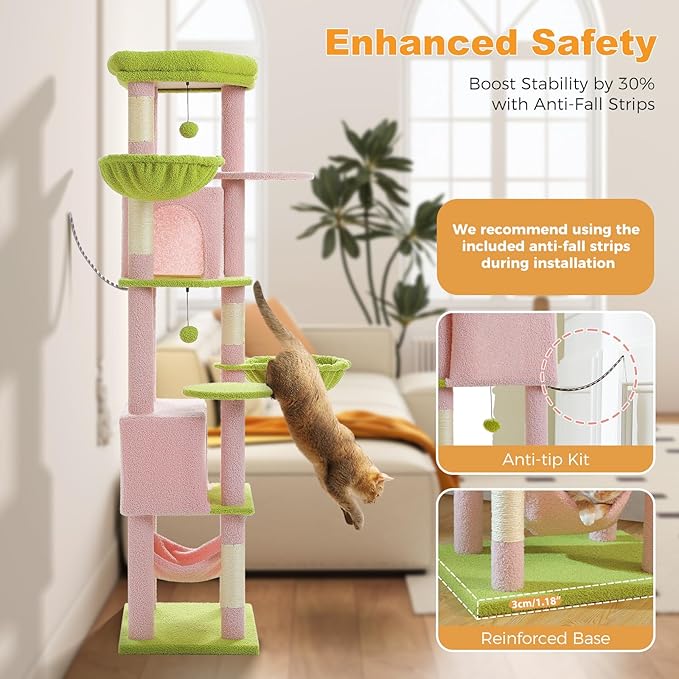 71.2" Large Cat Tree for Multi-Cat Households - Heavy-Duty 9-Level Cat Tower w/5 Sisal Scratching Posts, 2 Condos, 3 Hammocks, Extra-Large Perch & Pompoms - Space-Saving, Pink-PurrikoPets