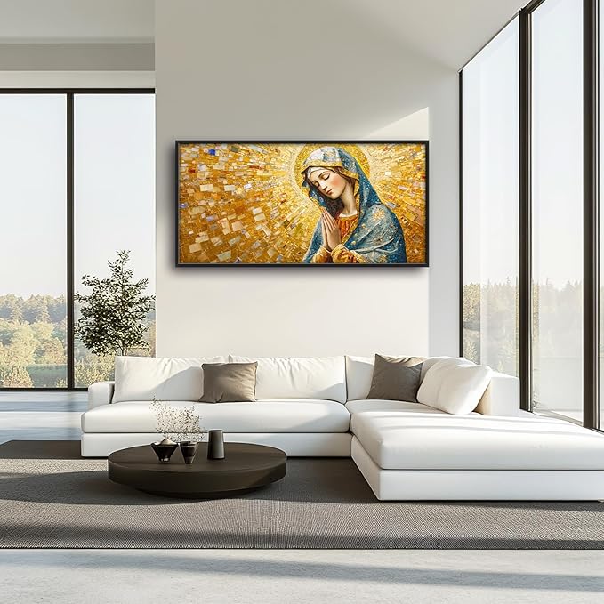 Extra Large Virgin Mary Framed Wall Art for Living Room,Oversized Golden Christian Religious Pictures Wall Decor,Canvas Print Painting Modern Artwork Bedroom Office Bathroom 60L" x 30W"-PurrikoPets
