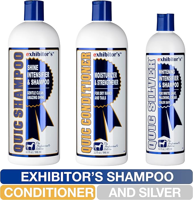 exhibitor's Quic Silver System Includes Quic Shampoo Quic Conditioner 32 Ounce Each Plus Quic Silver 16 Ounce for Dogs, Horses, Greys, Palominos, Cream Color Coats Silver Ash Highlights-PurrikoPets
