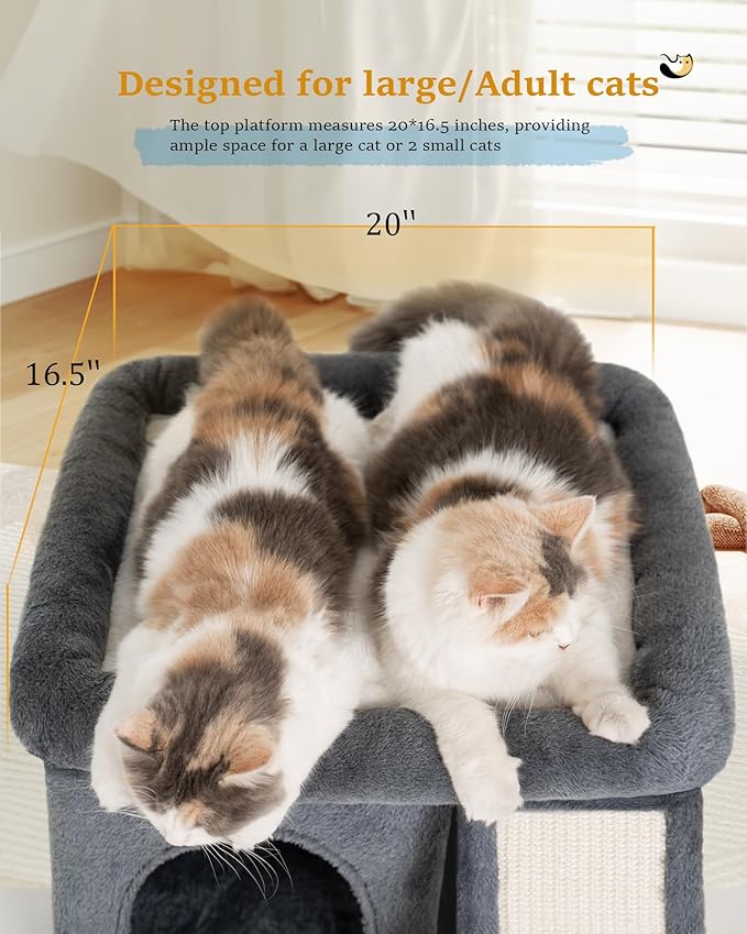 14‘’ Cat Tree Tower with Scratching Post, 20 * 16.5in Perch Bed for Large Adult Cats, Condo Cave for Indoor Small Medium Kittens, Dark Gray-PurrikoPets
