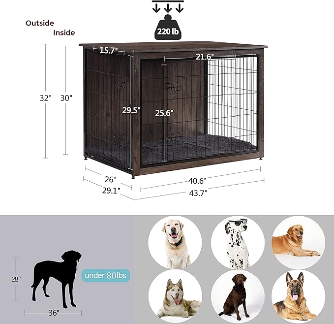 DWANTON Dog Crate Furniture with Cushion, Wooden Kennel Table with Double Doors, Indoor Dog House, Extra Large Size, 43.3" L, Dark Gray-PurrikoPets