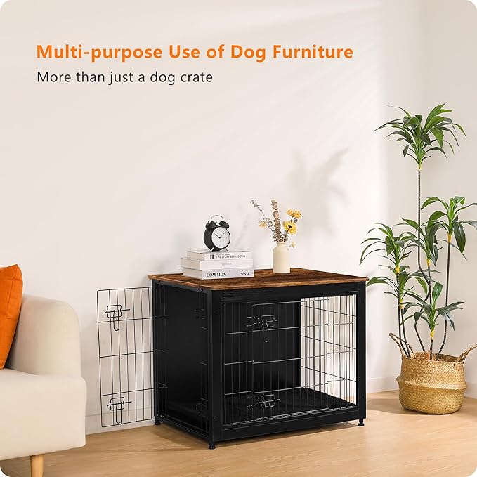 DWANTON Dog Crate Furniture with Cushion, Wooden Kennel Table with Double Doors, Indoor Dog House, Medium Size, 32.5" L, Black+Rustic Brown-PurrikoPets