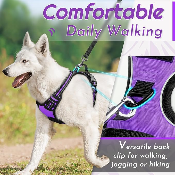 Eagloo Dog Harness for Large Dogs, No Pull Service Vest with Reflective Strips and Control Handle, Adjustable and Comfortable for Walking, No Choke Pet Harness with 2 Metal Rings, Purple, XL-PurrikoPets