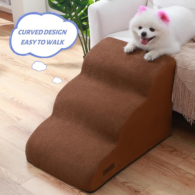 3-Step Dog Ramp and Stairs for Sofa and Chair - Non-Slip Sturdy Pet Steps for Small Dogs and Cats,15.7" H,Brown-PurrikoPets