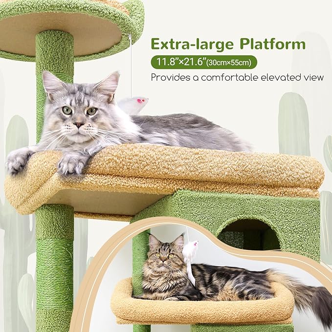 Globlazer Heavy Duty Cactus Cat Tree for Large Cats, Sturdy 72in Maine Coon Cat Tree for Large Cats 20 lbs+ Cactus Cat Tower for Adult Biggest Cats with 6 Scratching Posts, Hammock, S72, Green-PurrikoPets