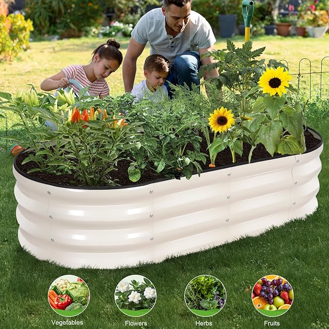 Galvanized Raised Garden Bed Outdoor - 4×2×1ft Planter Raised Beds for Gardening | Oval Metal Garden Planter Box with Safety Edging and Gloves for Vegetables Fruits and Flowers - White-PurrikoPets