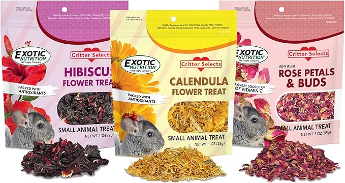 Exotic Nutrition Flower Treat 3 Pack - Healthy Assortment - Hibiscus, Calendula, Rose - for Squirrels, Guinea Pigs, Rabbits, Chinchillas, Prairie Dogs, Degus, Hamster, Gerbils, & Other Herbivores-PurrikoPets